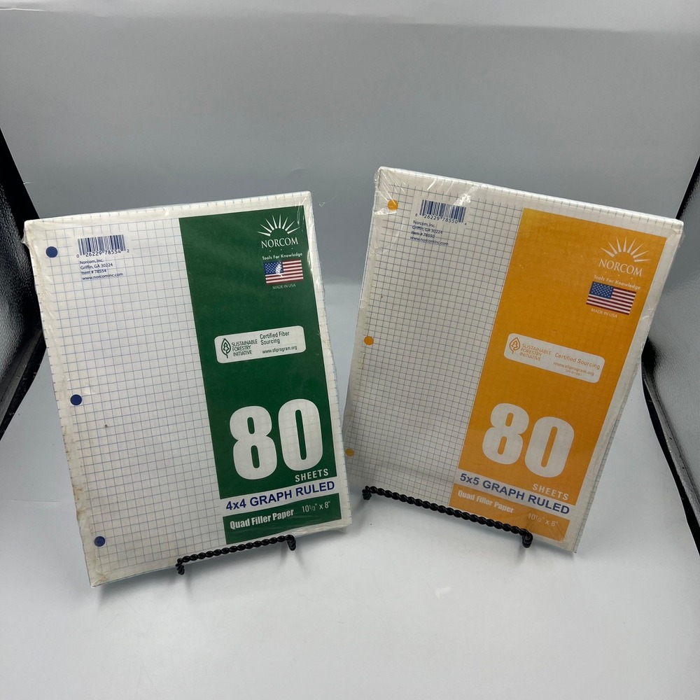 Lot of 2 Norcom Graph Ruled Filler Paper 80 Sheets Each 4x4 and 5x5 Quad Ruled